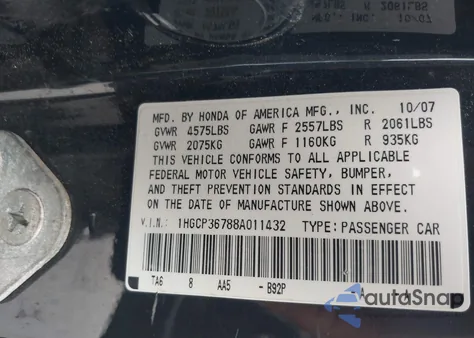 2008 Honda Accord 3.5 Ex from USA, damaged, VIN 1HGCP36788A011432